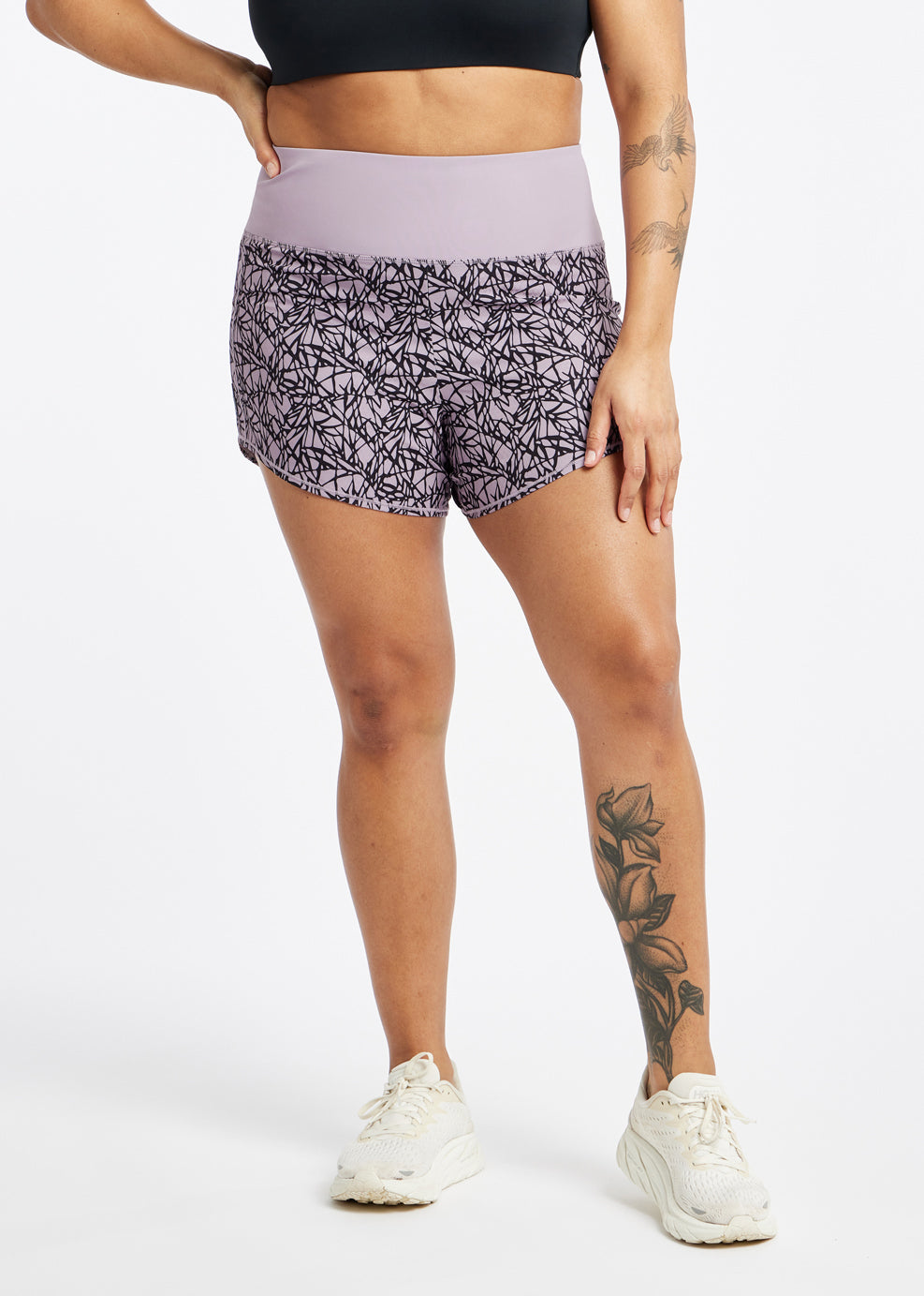 High Rise Roga 4" Running Shorts in Light Purple Lavender print in size 10, front view