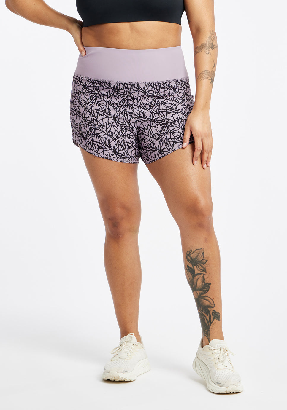 High Rise Roga 4" Running Shorts in Light Purple Lavender print in size 10, front view