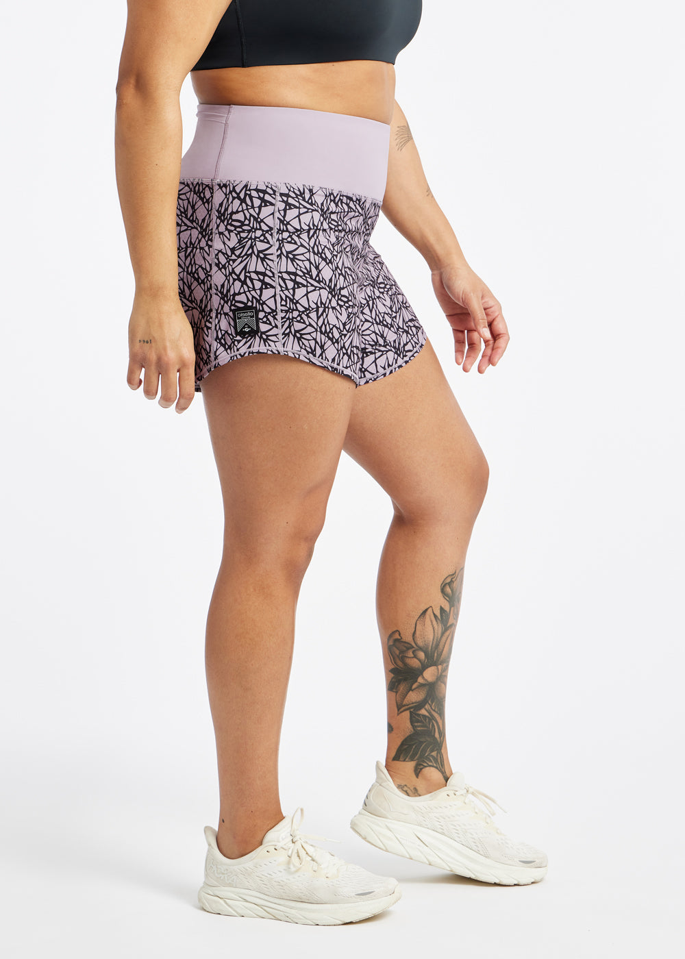 High Rise Roga 4" Running Shorts in Light Purple Lavender print in size 10, side view