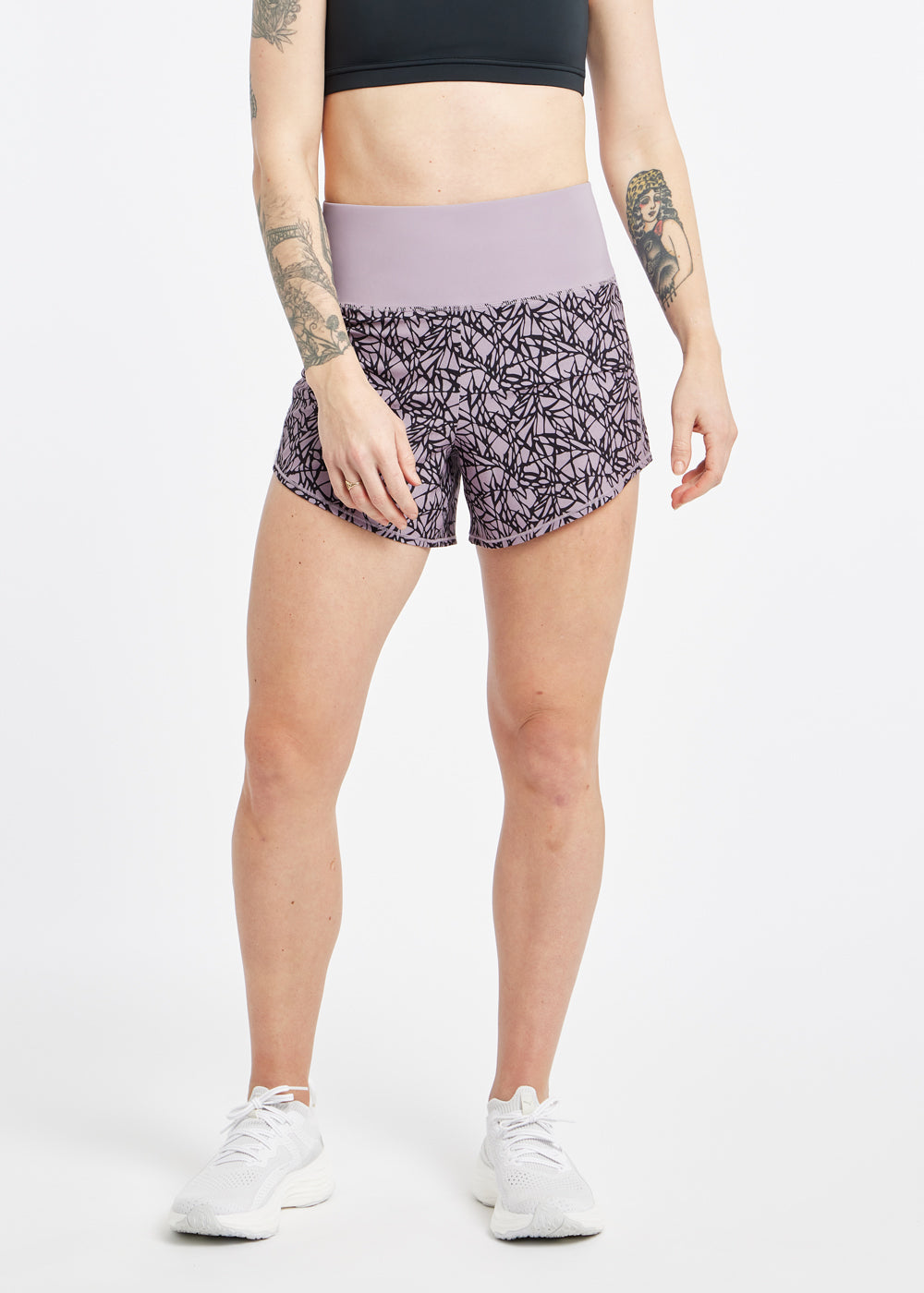 High Rise Roga 4" Running Shorts in Light Purple Lavender print in size 4, front view