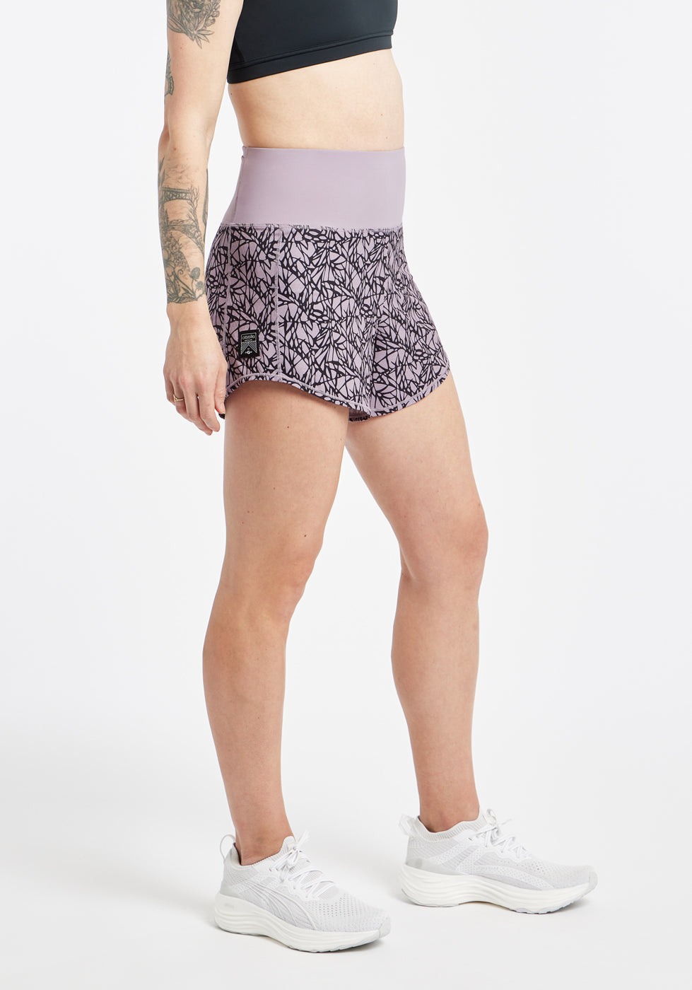 High Rise Roga 4" Running Shorts in Light Purple Lavender print in size 4, side view