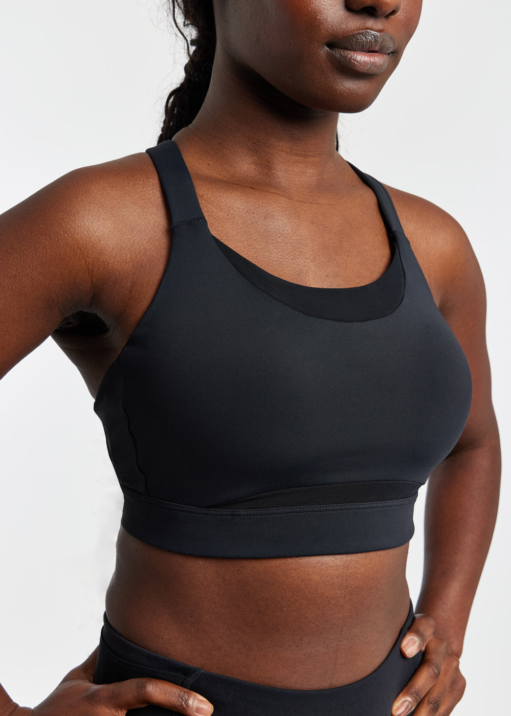 Boom Bra - High Impact Running Bra in Black, front detail view