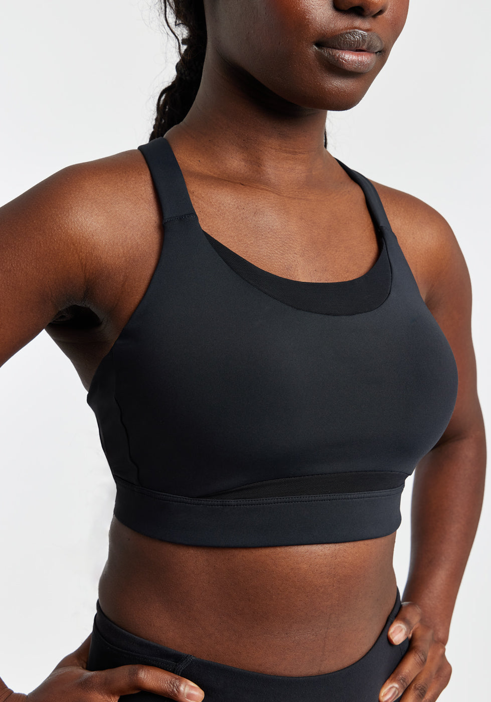 Boom Bra - High Impact Running Bra in Black, front detail view