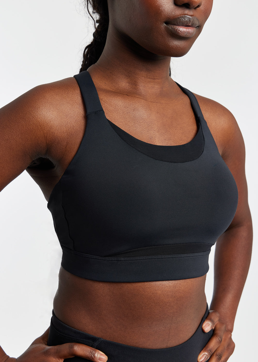 Boom Bra - High Impact Running Bra in Black, front detail view