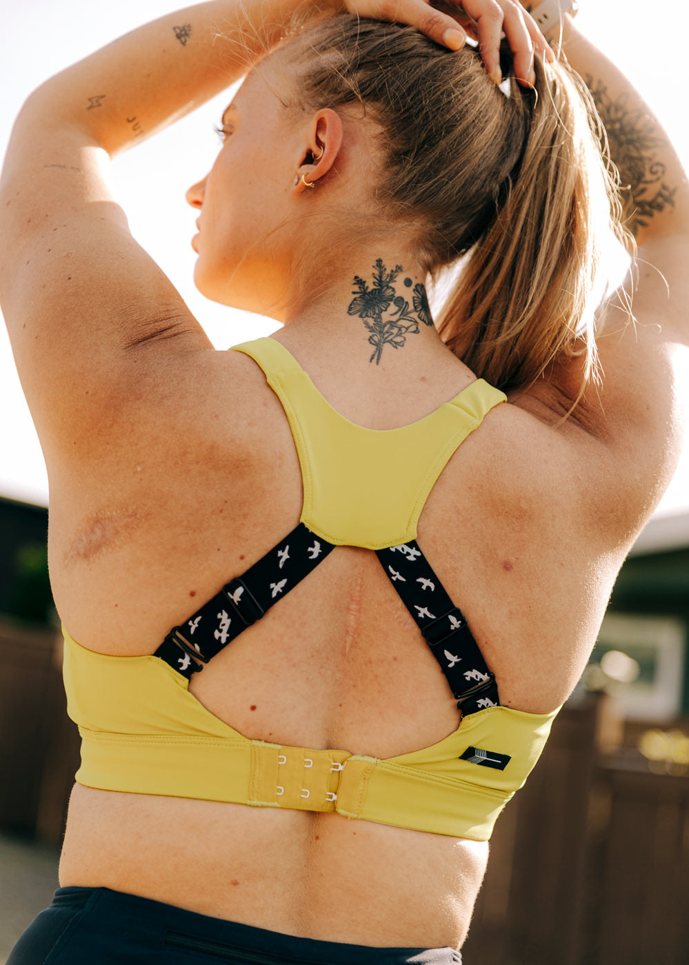 Boom Bra - High Impact Running Bra in Saffron yellow, back detail view