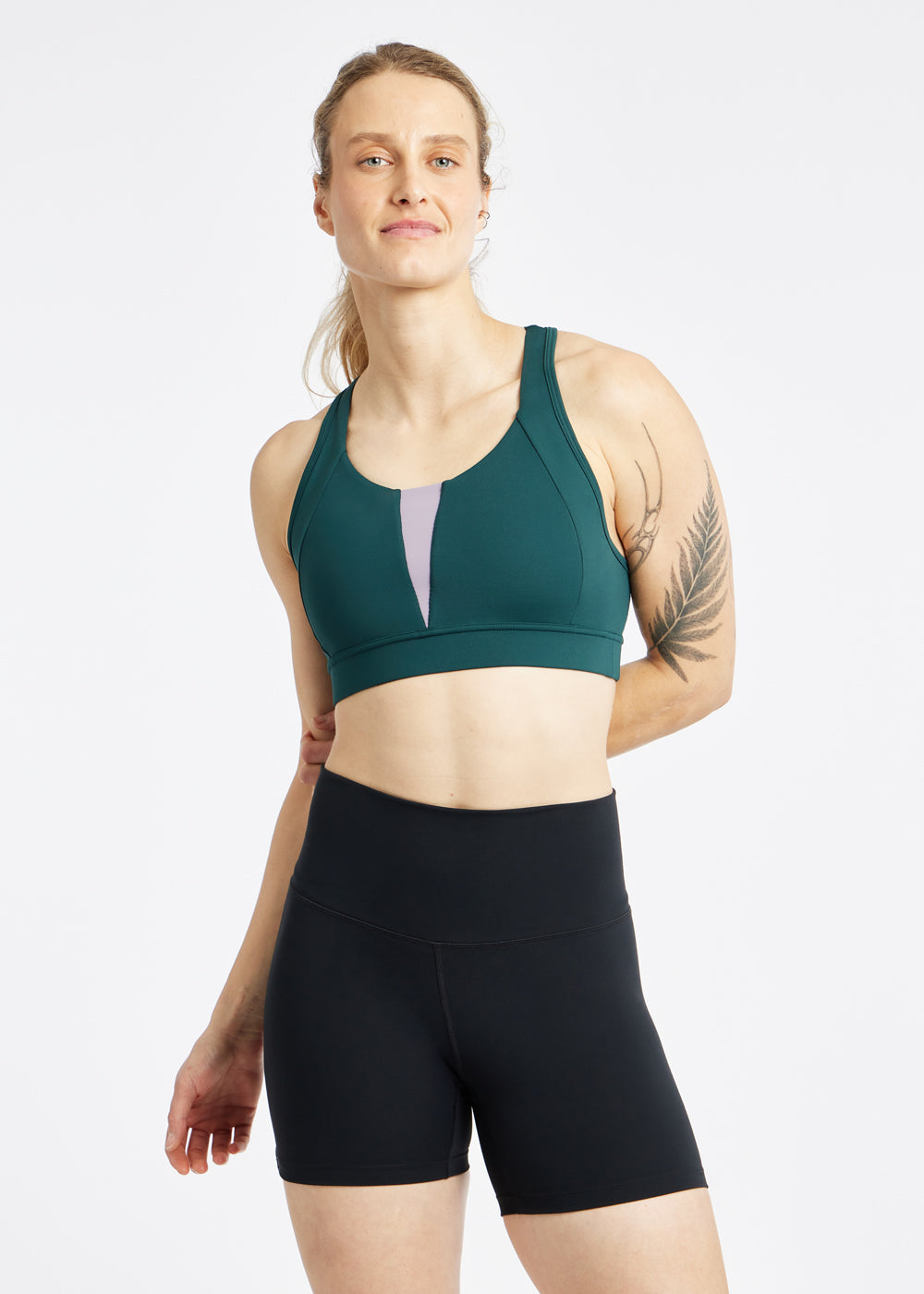 Double Breasted Sports Bra in Juniper green, front view