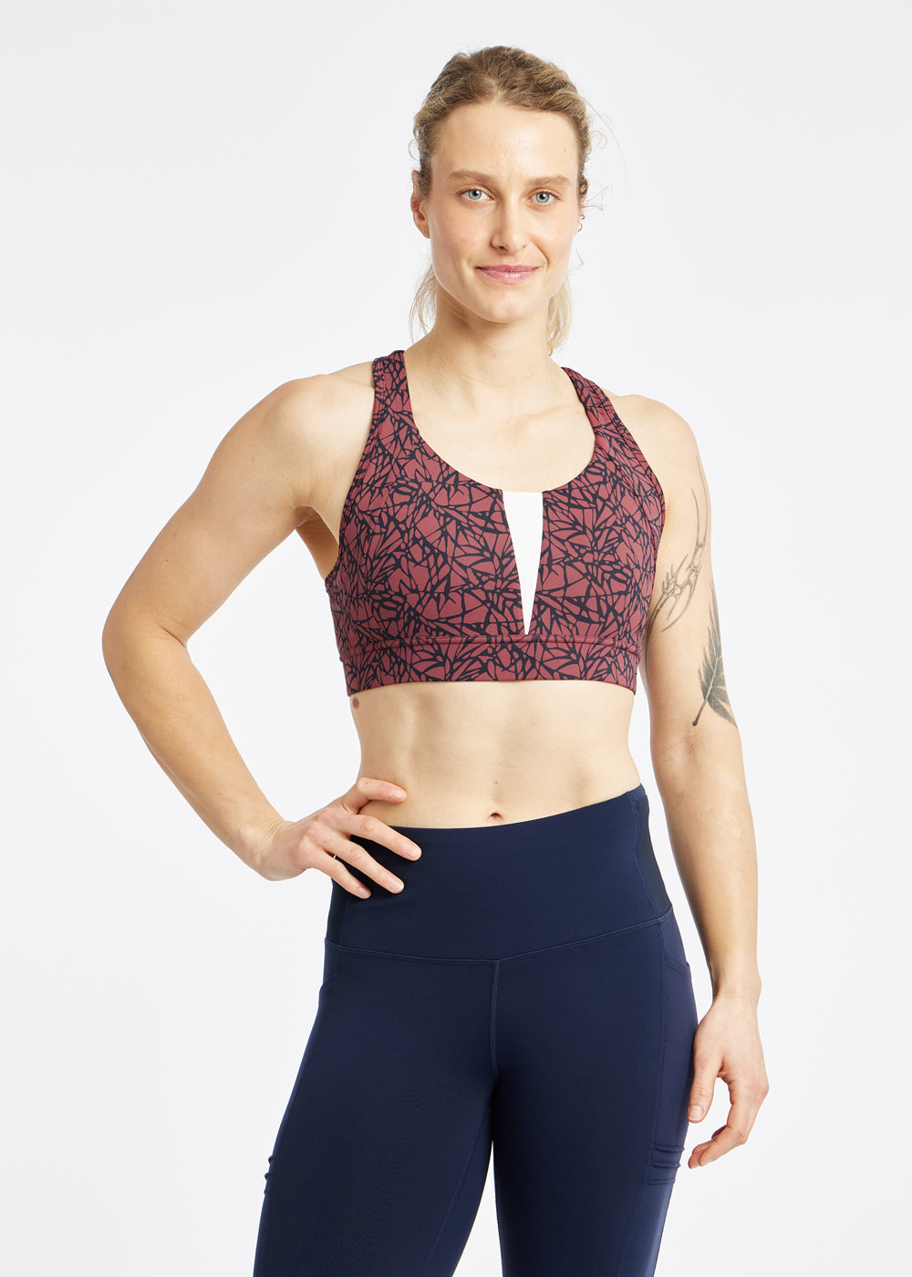 Double Breasted Sports Bra in Red print, front view