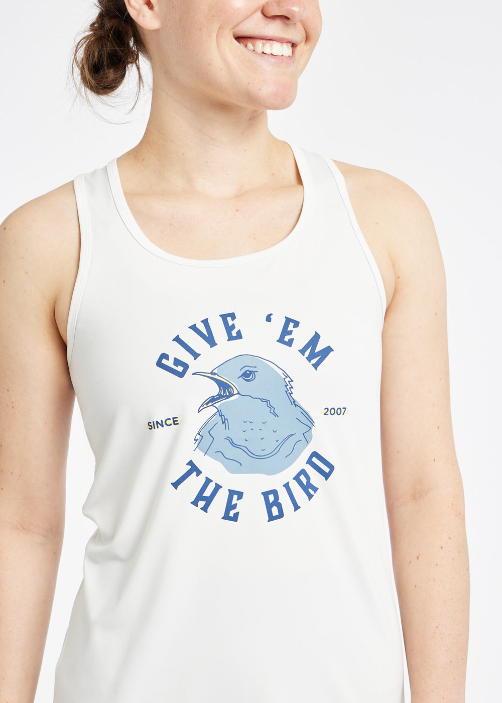 Essential Bird Graphic Tank in white, Give 'em the bird graphic detail view