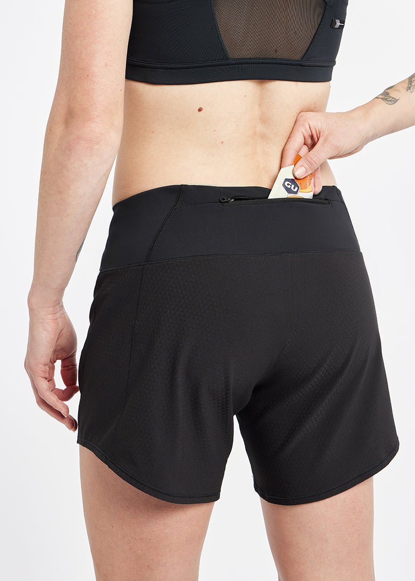 Roga 6" Running Shorts in Black, close up of back zipper detail