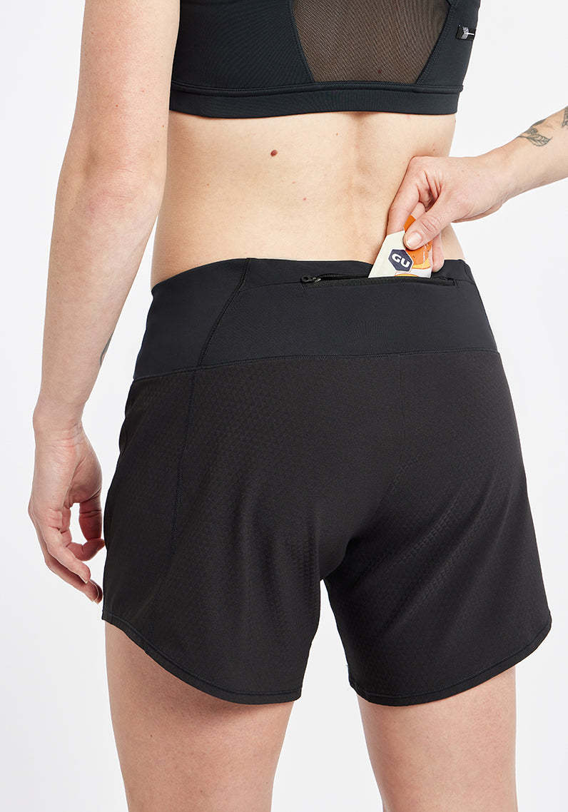Roga 6" Running Shorts in Black, close up of back zipper detail