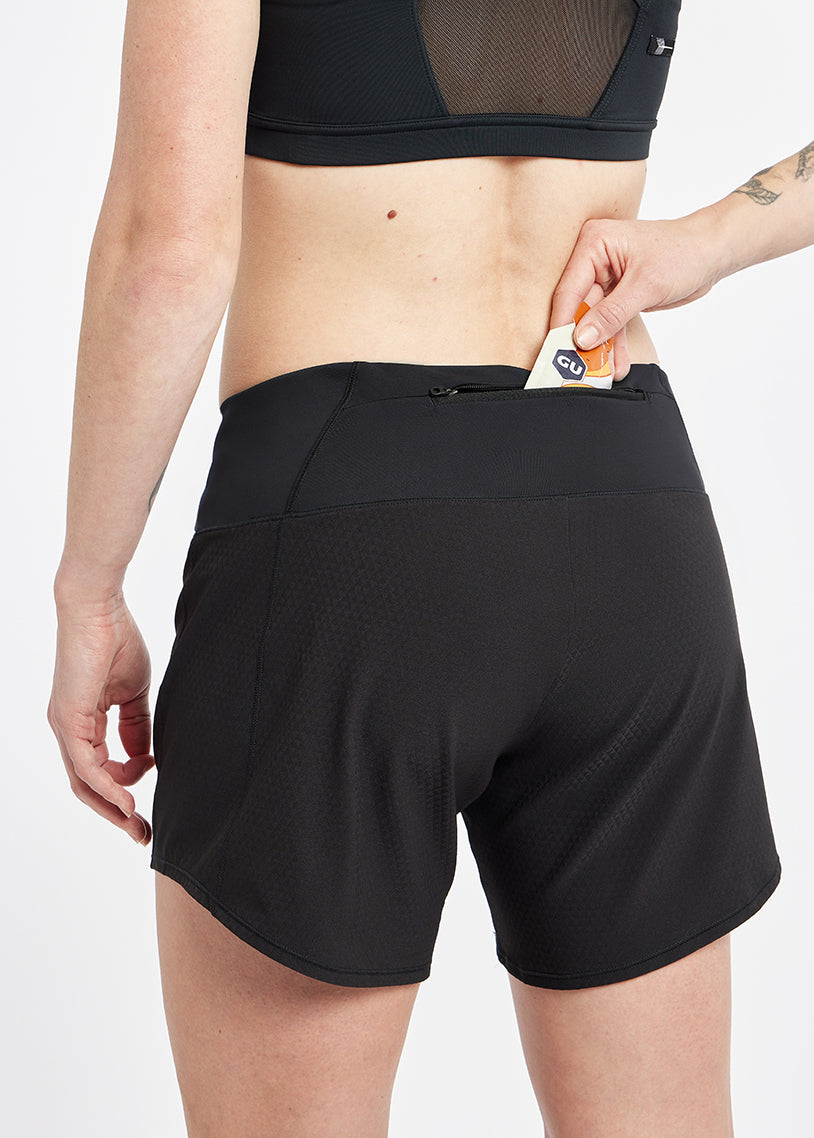 Roga 6" Running Shorts in Black, close up of back zipper detail