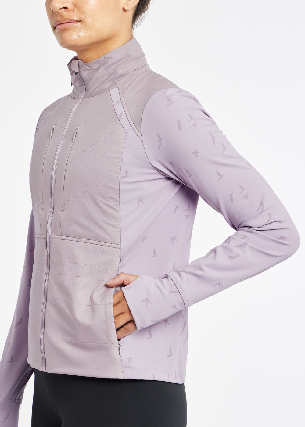 Firecracker Insulated Running Jacket in Lavender Purple, detail view