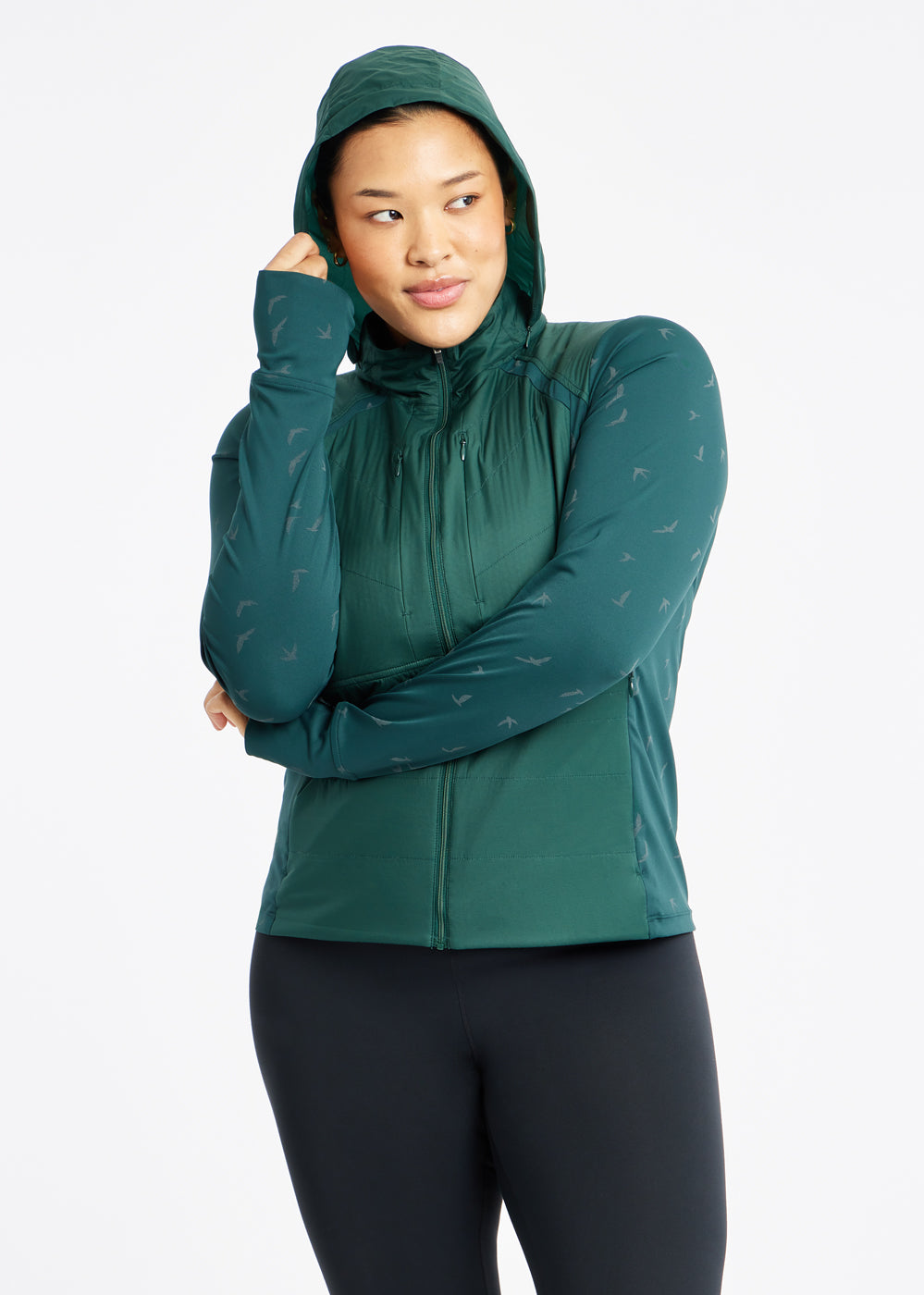 Firecracker Insulated Running Jacket in Juniper green, front with hood
