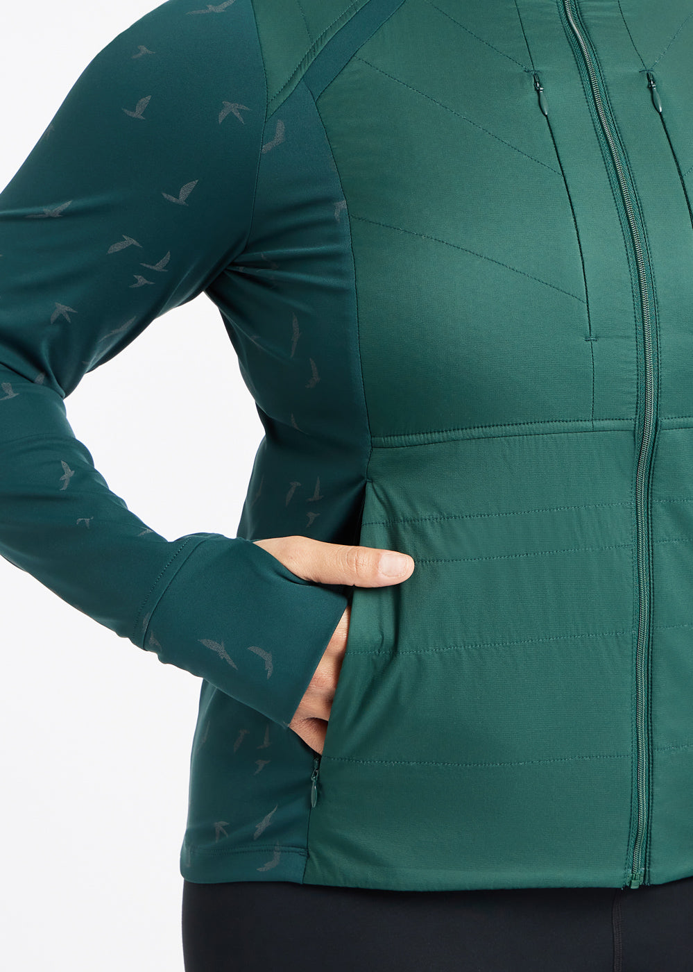 Firecracker Insulated Running Jacket in Juniper green, front detail