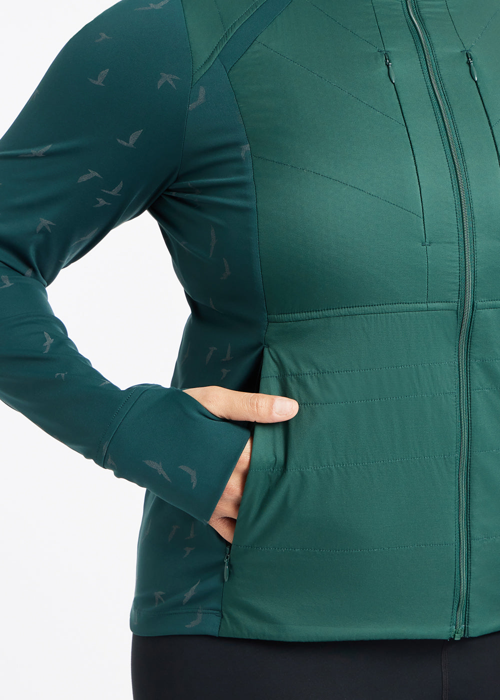 Firecracker Insulated Running Jacket in Juniper green, front detail
