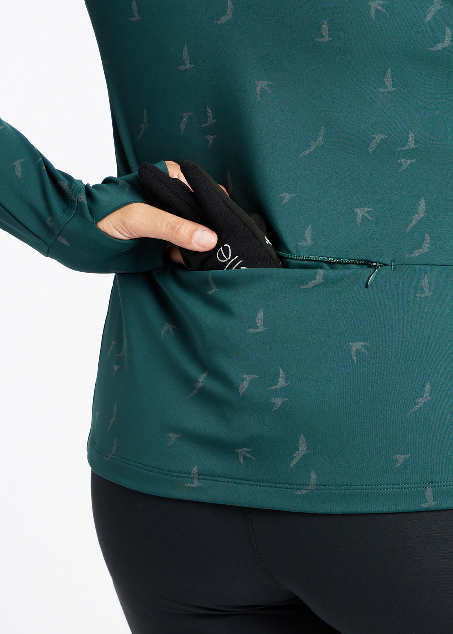 Firecracker Insulated Running Jacket in Juniper green, back pocket view