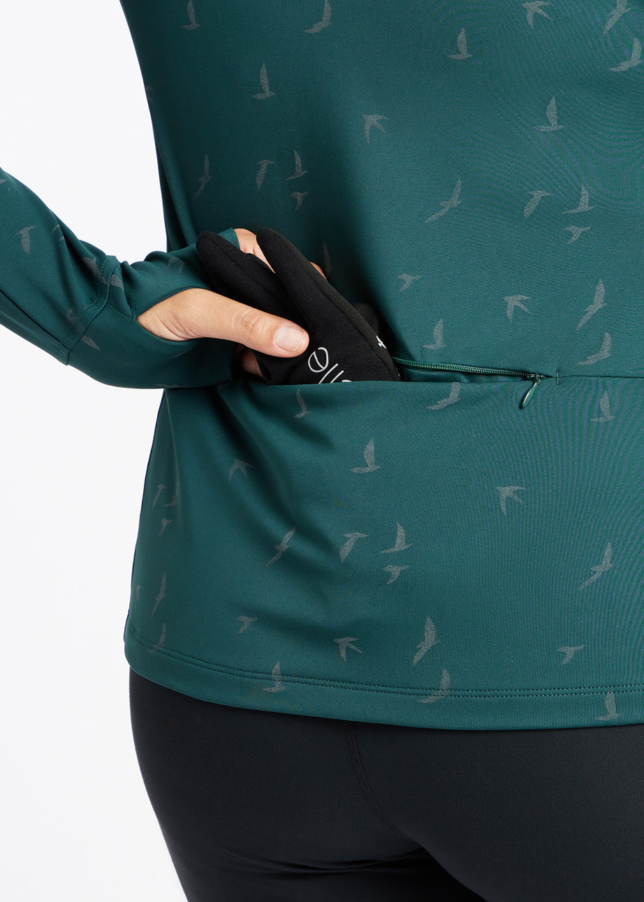 Firecracker Insulated Running Jacket in Juniper green, back pocket view