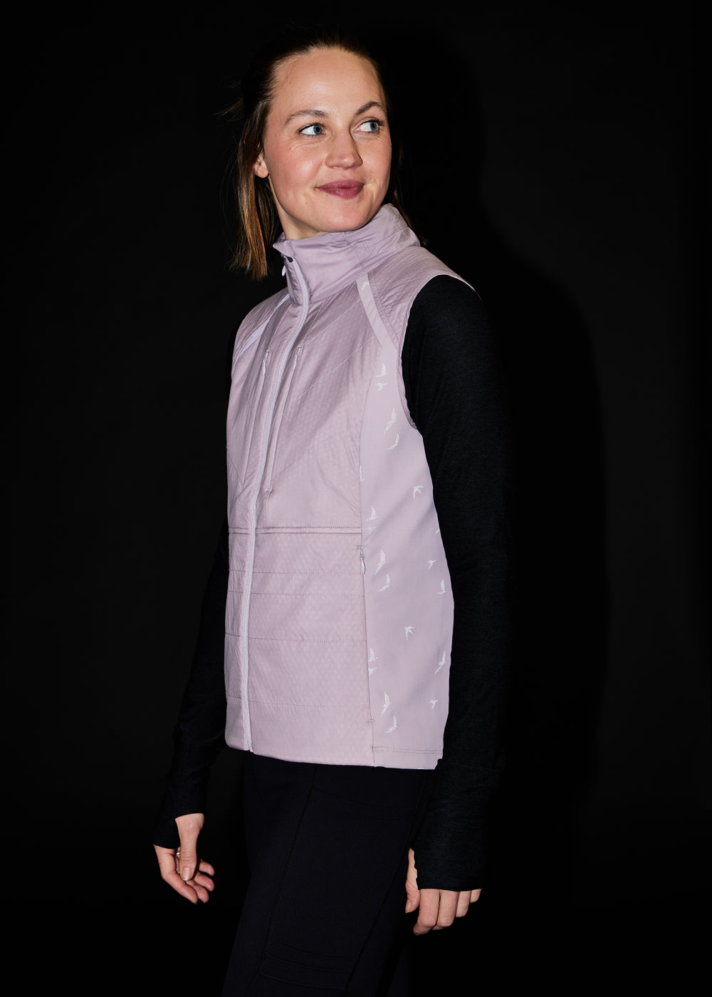 Firecracker Insulated Running Vest in Lavender purple, reflective side view