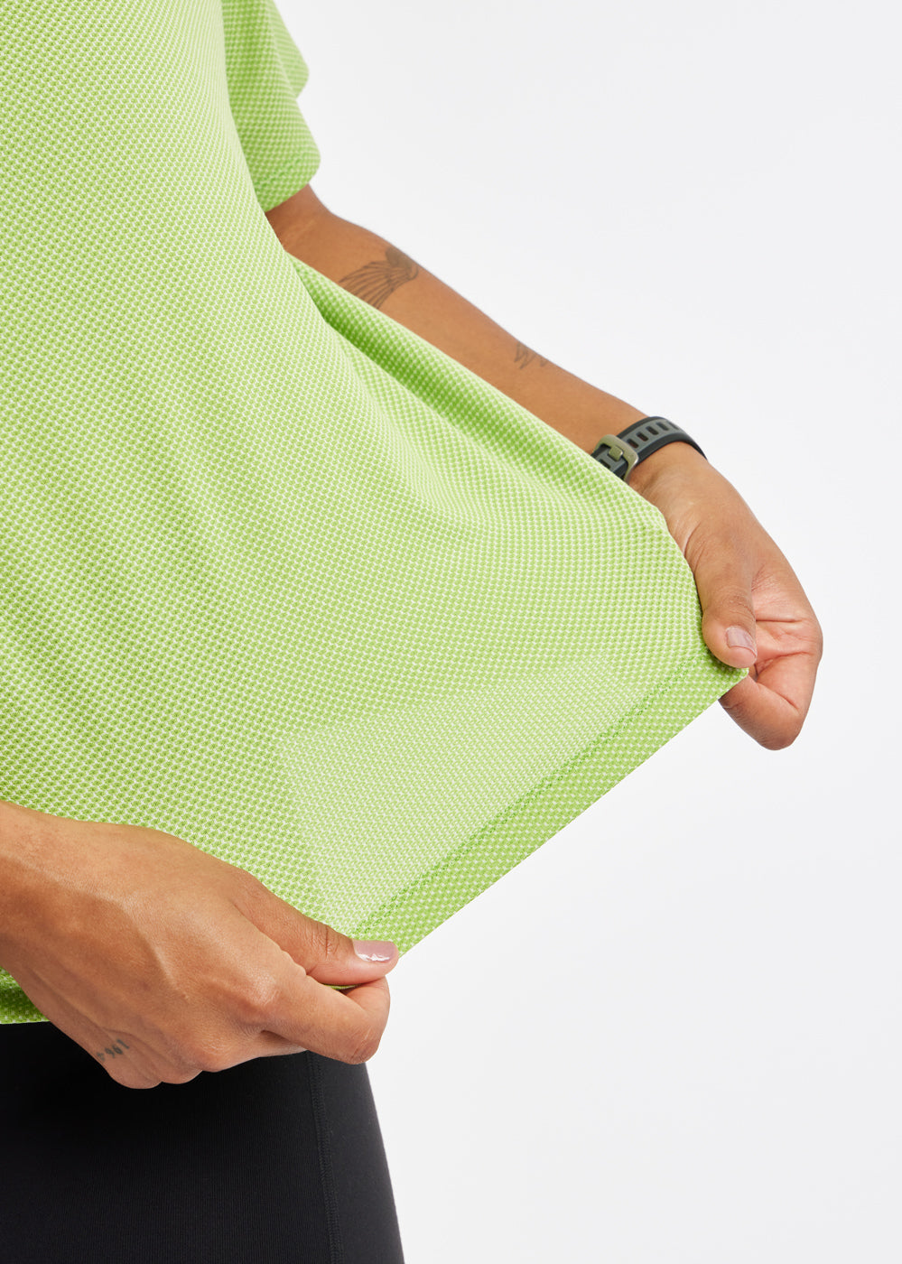 Flyout Boxy Short Sleeve in Green Limelight, fabric detail close up