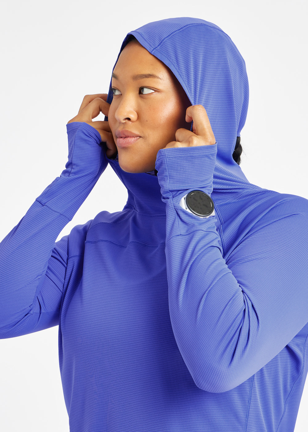 Flyout Chill UPF Lightweight Running Hoodie in Blue Rapids, hood and watch window on sleeve detail view