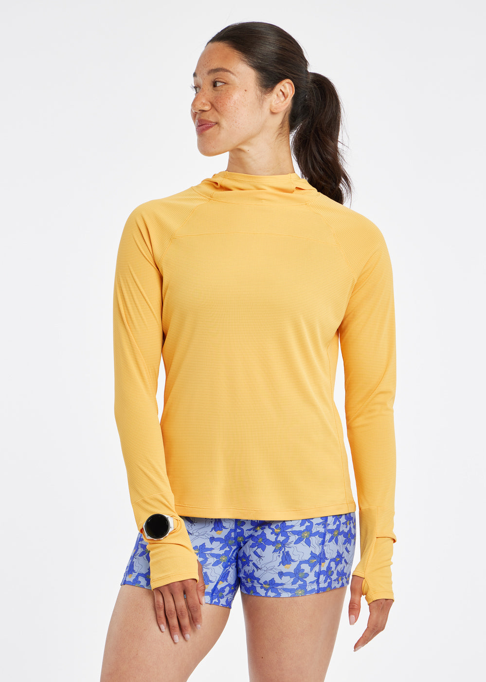 Flyout Chill UPF Lightweight Running Hoodie in Dawn Patrol light orange, front view