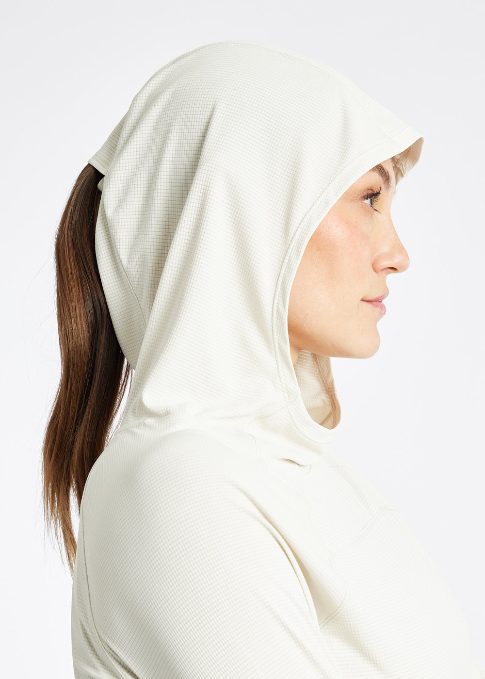 Flyout Chill UPF 50 Hoodie in Ivory, hood view