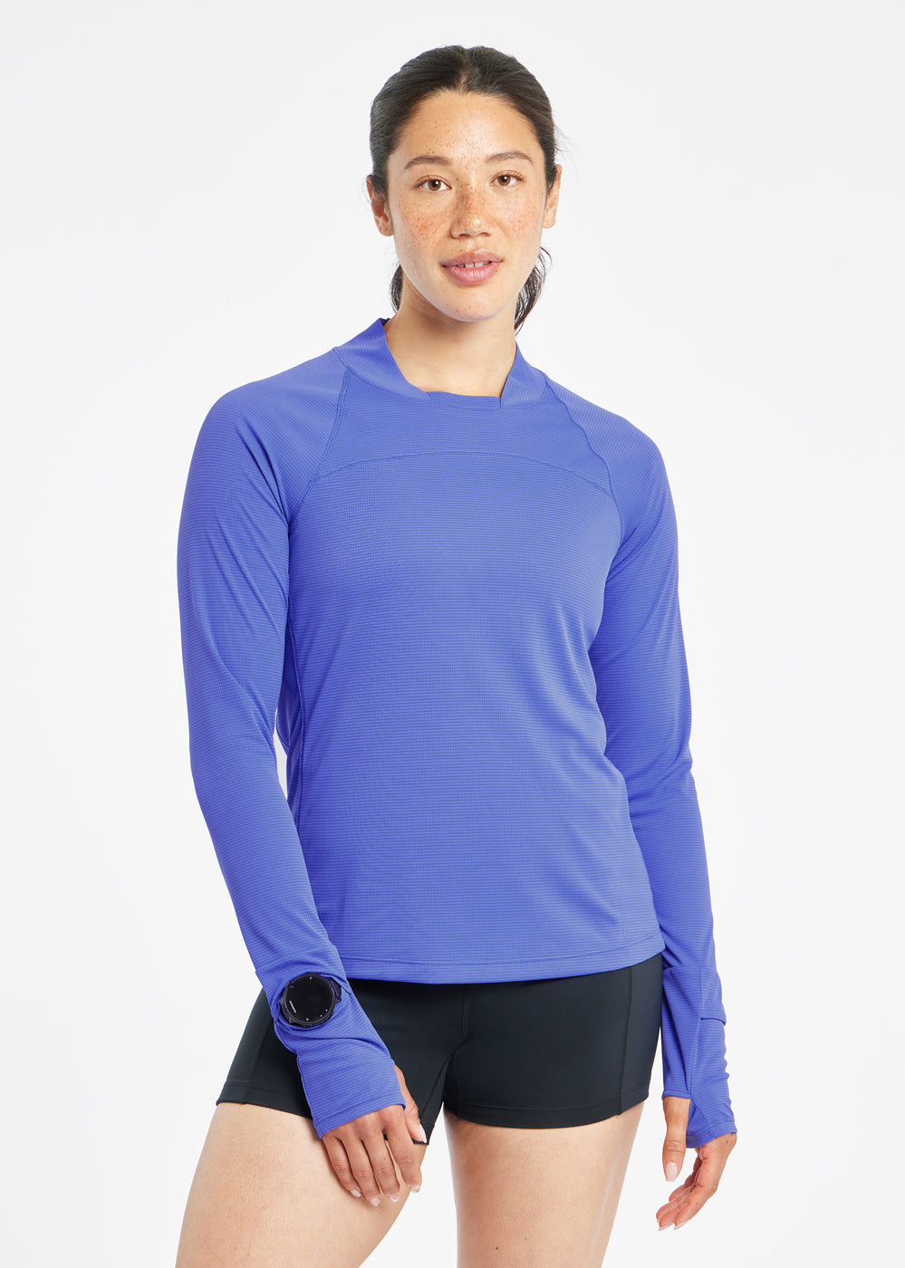 Flyout Chill UPF lightweight running Long Sleeve in Blue Rapids, front view