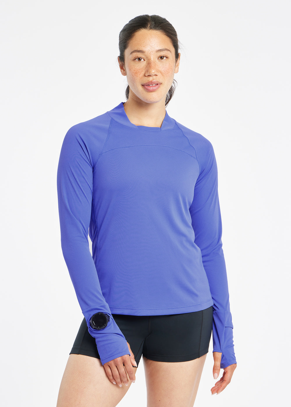Flyout Chill UPF lightweight running Long Sleeve in Blue Rapids, front view