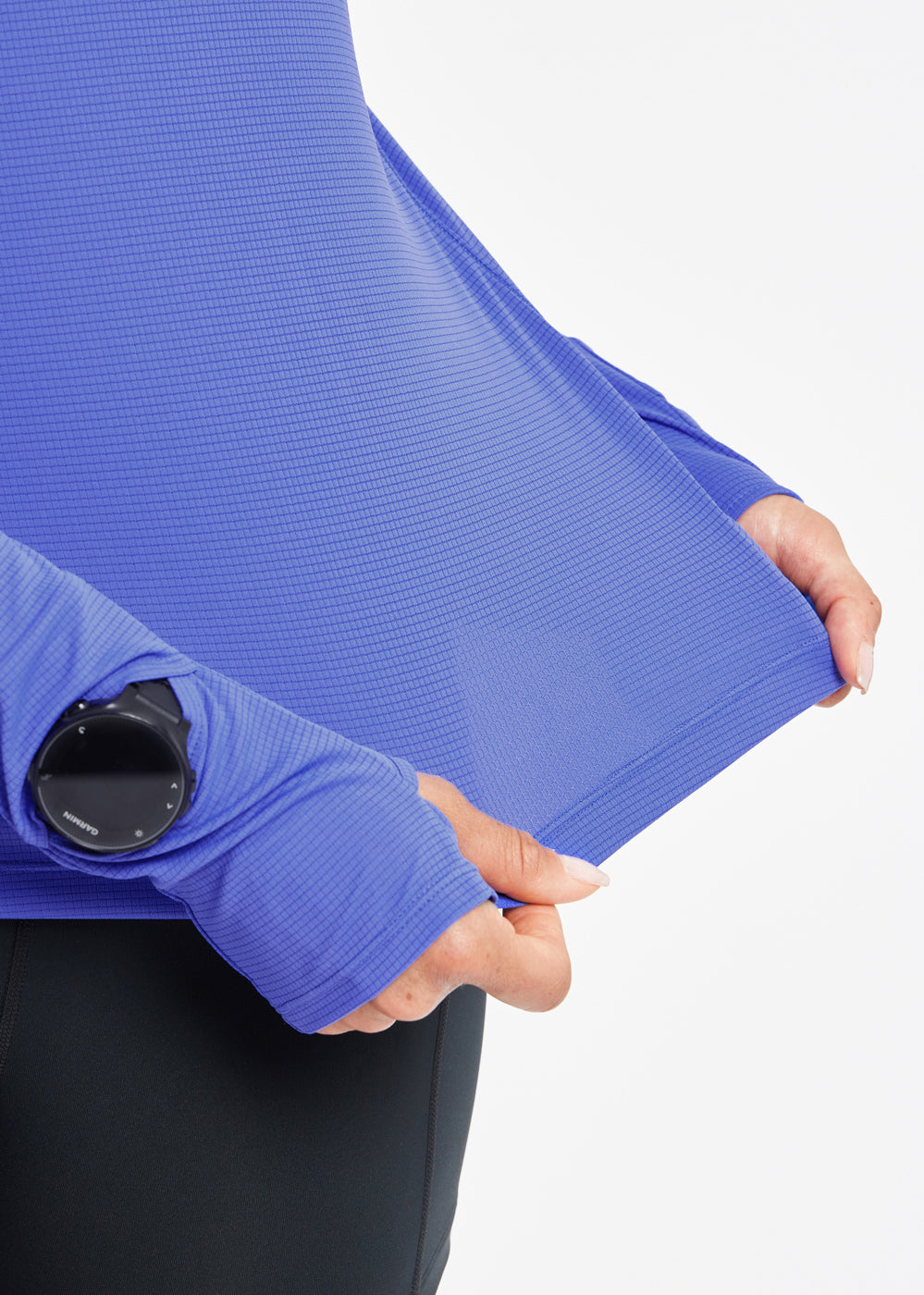 Flyout Chill UPF lightweight running Long Sleeve in Blue Rapids, fabric detail view