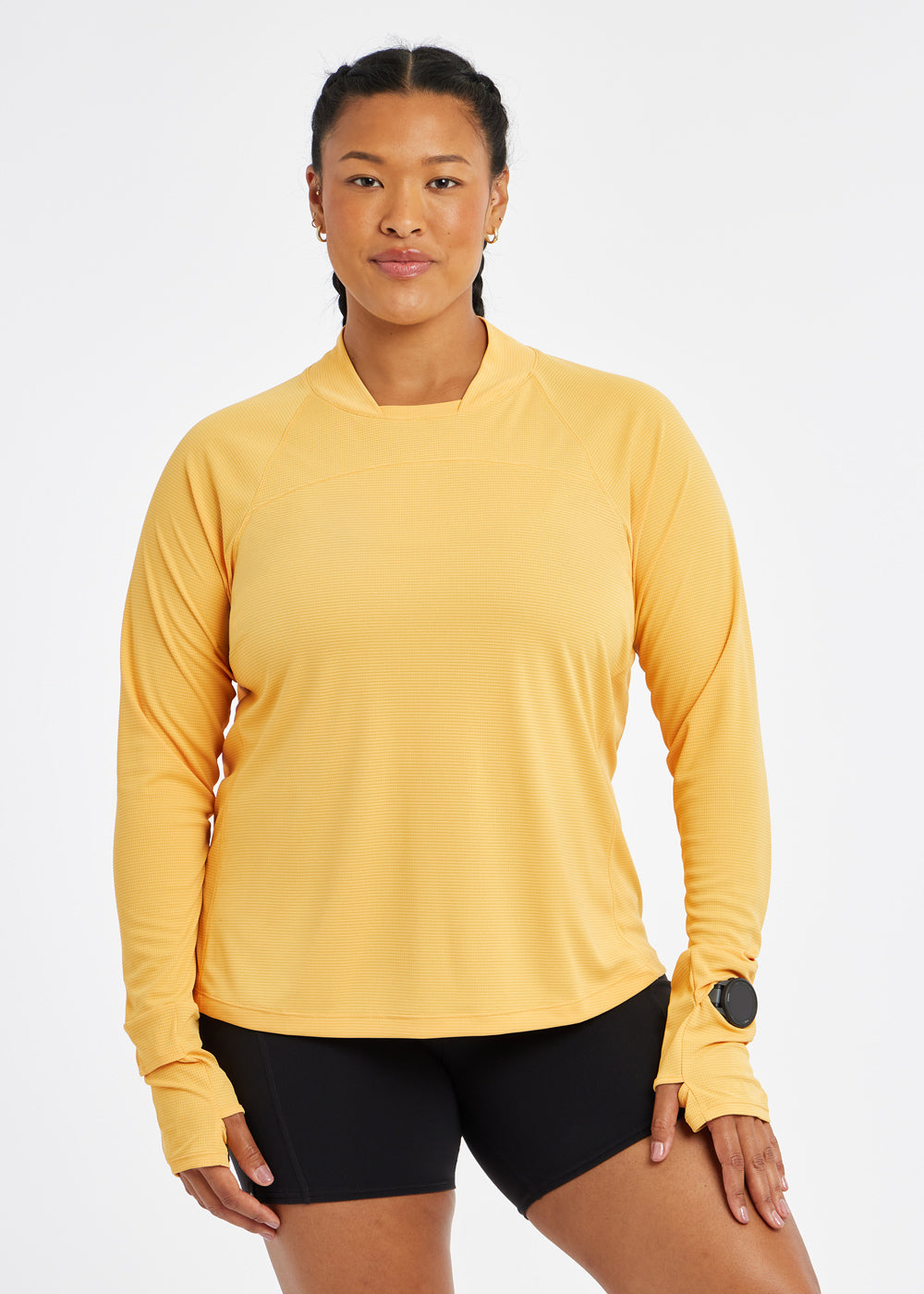 Flyout Chill UPF lightweight running Long Sleeve in Dawn Patrol light orange, front view