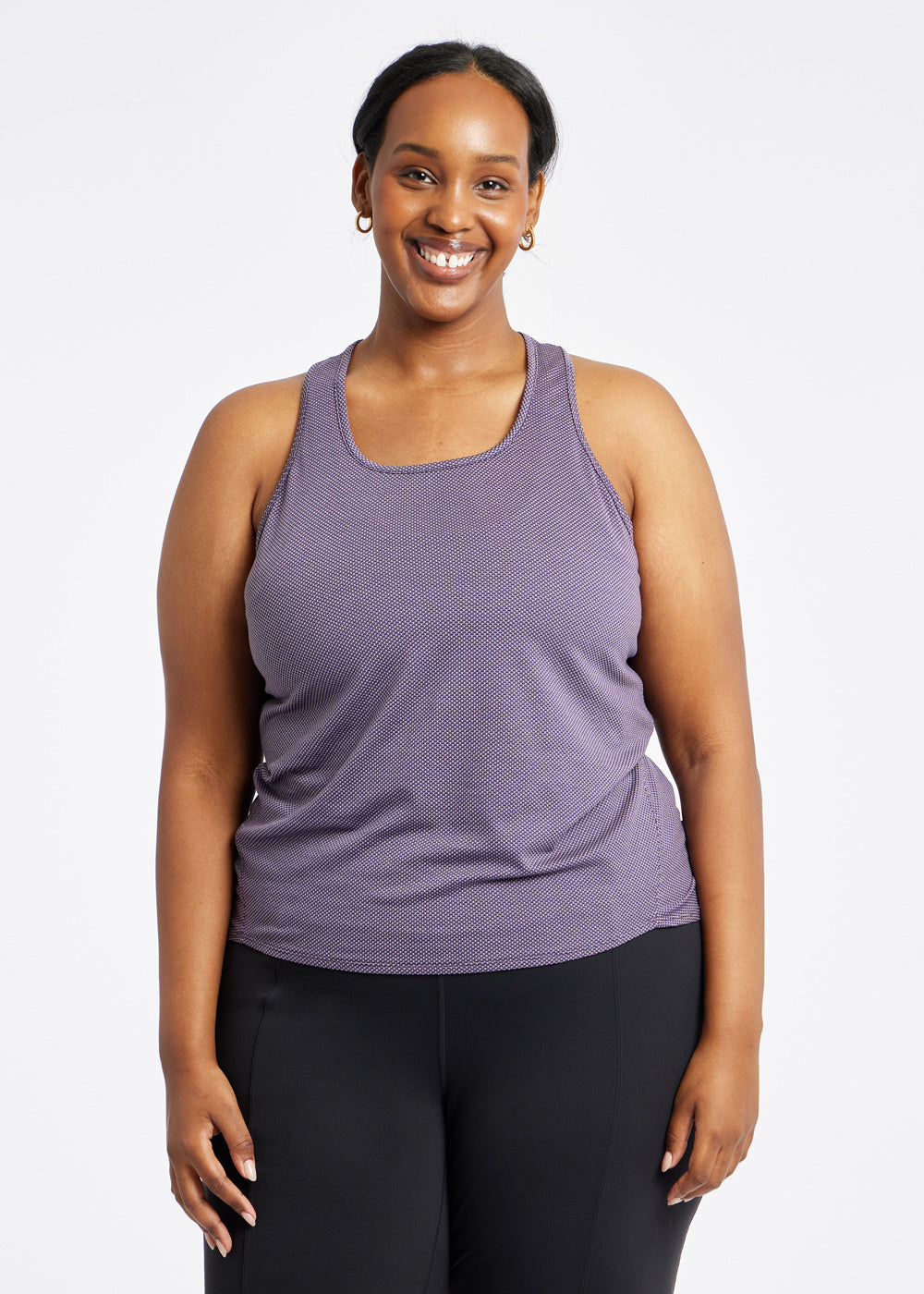 Flyout Racerback Running Tank in Twilight purple, front view
