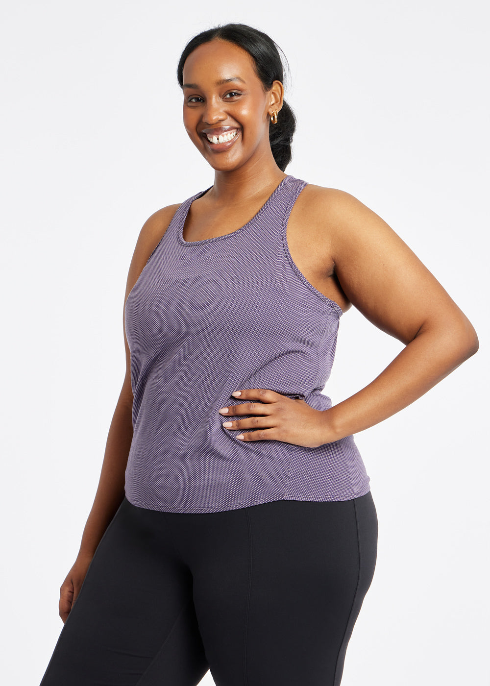 Flyout Racerback Running Tank in Twilight purple, front