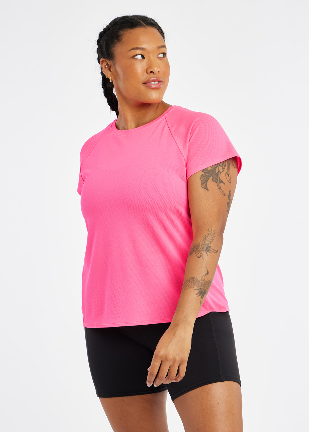 Flyout Short Sleeve in Neon Pink, side