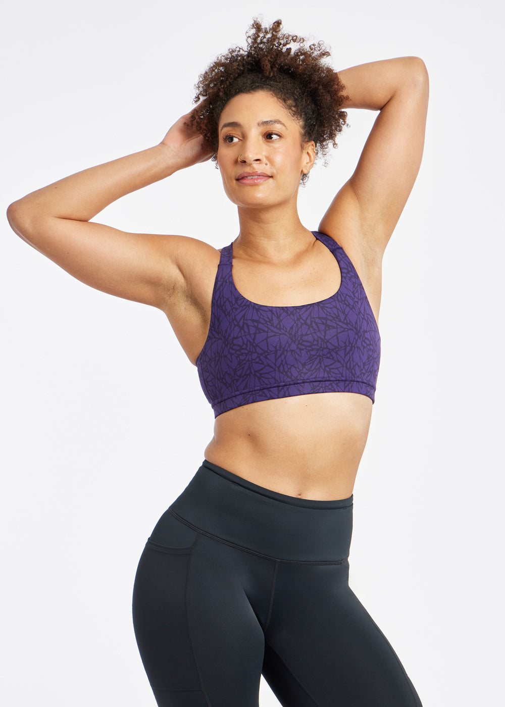 Hi Twenty Sports Bra in purple print, front