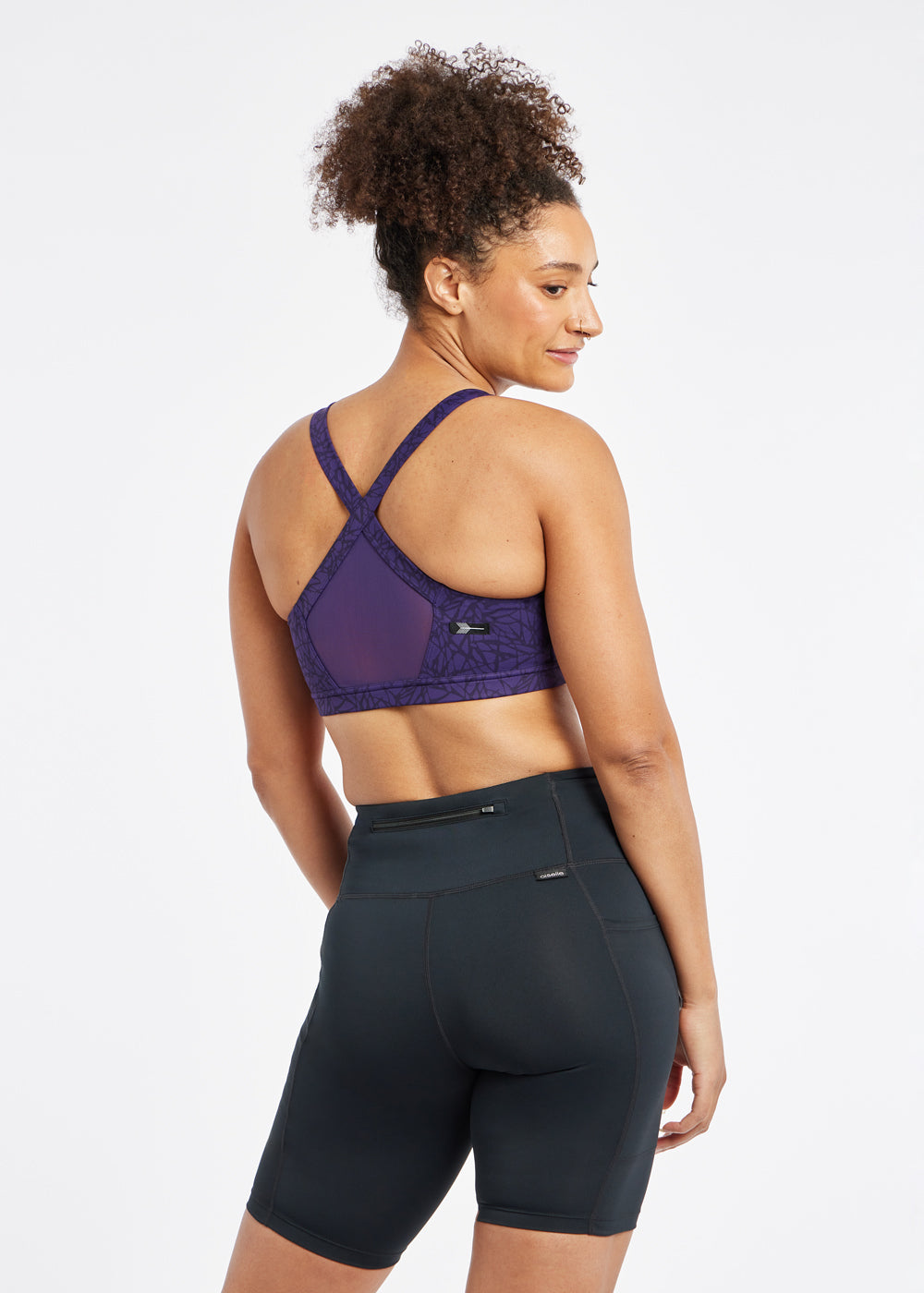 Hi Twenty Sports Bra in purple print, back view