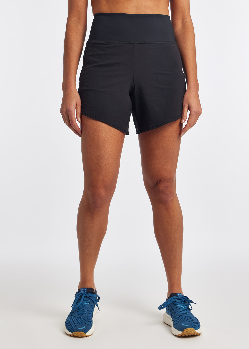 High Rise Long Roga Shorts in Black, front view