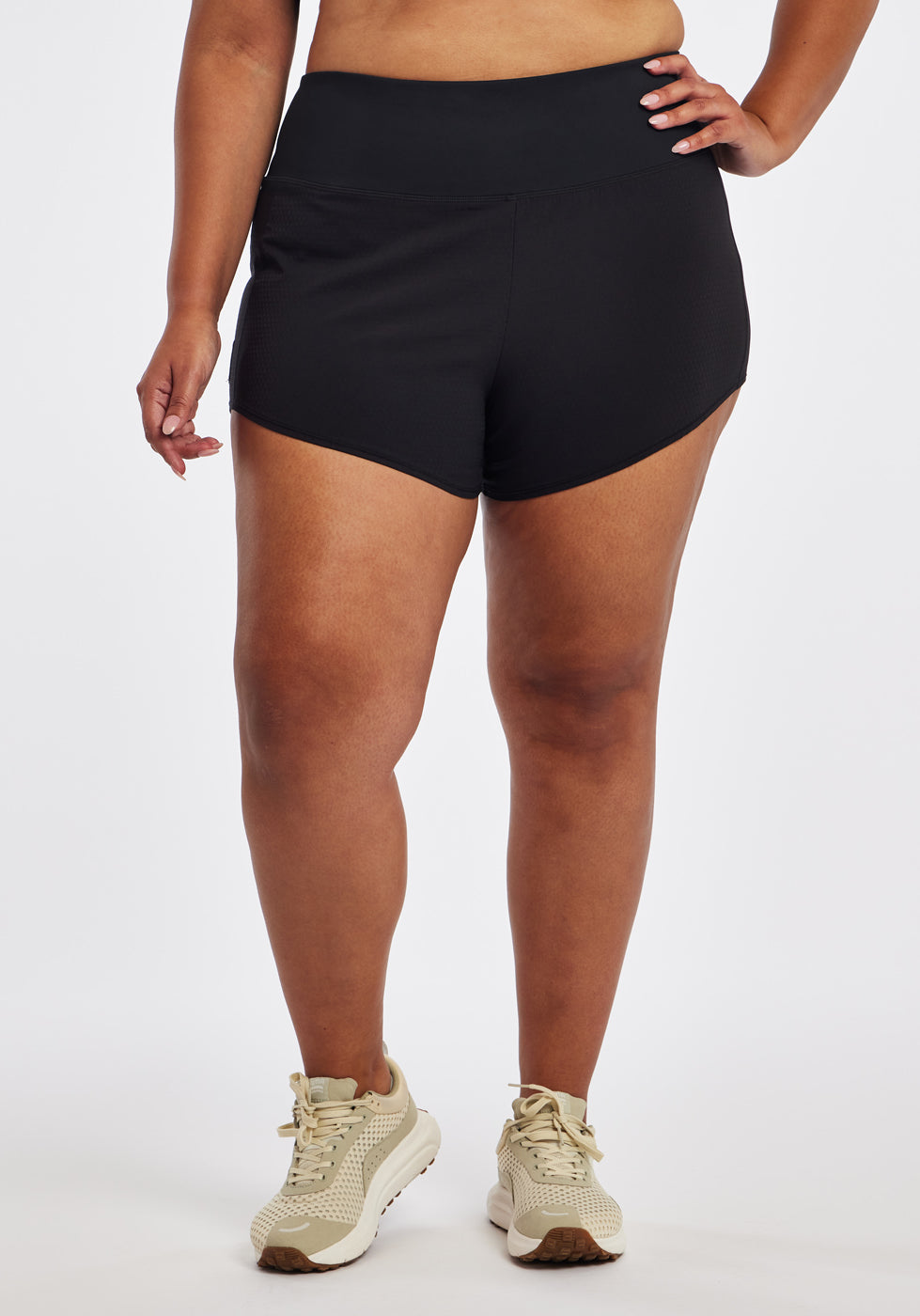 High Rise Roga 4" Running Shorts in black in size 16/18, front view