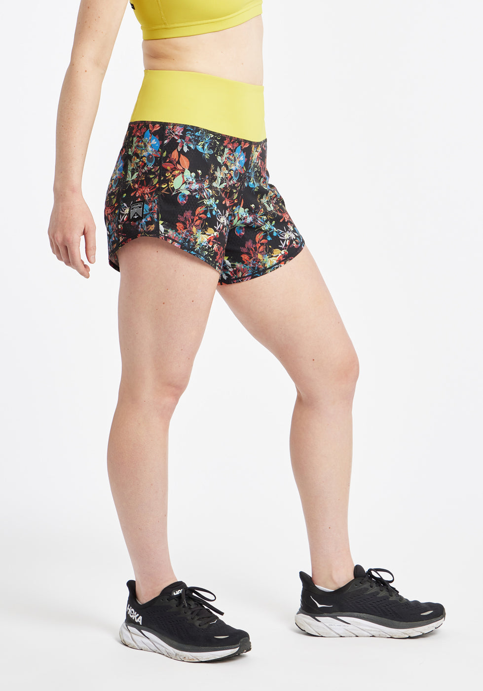 High Rise Roga 4" Running Shorts in Dark Floral print, side view