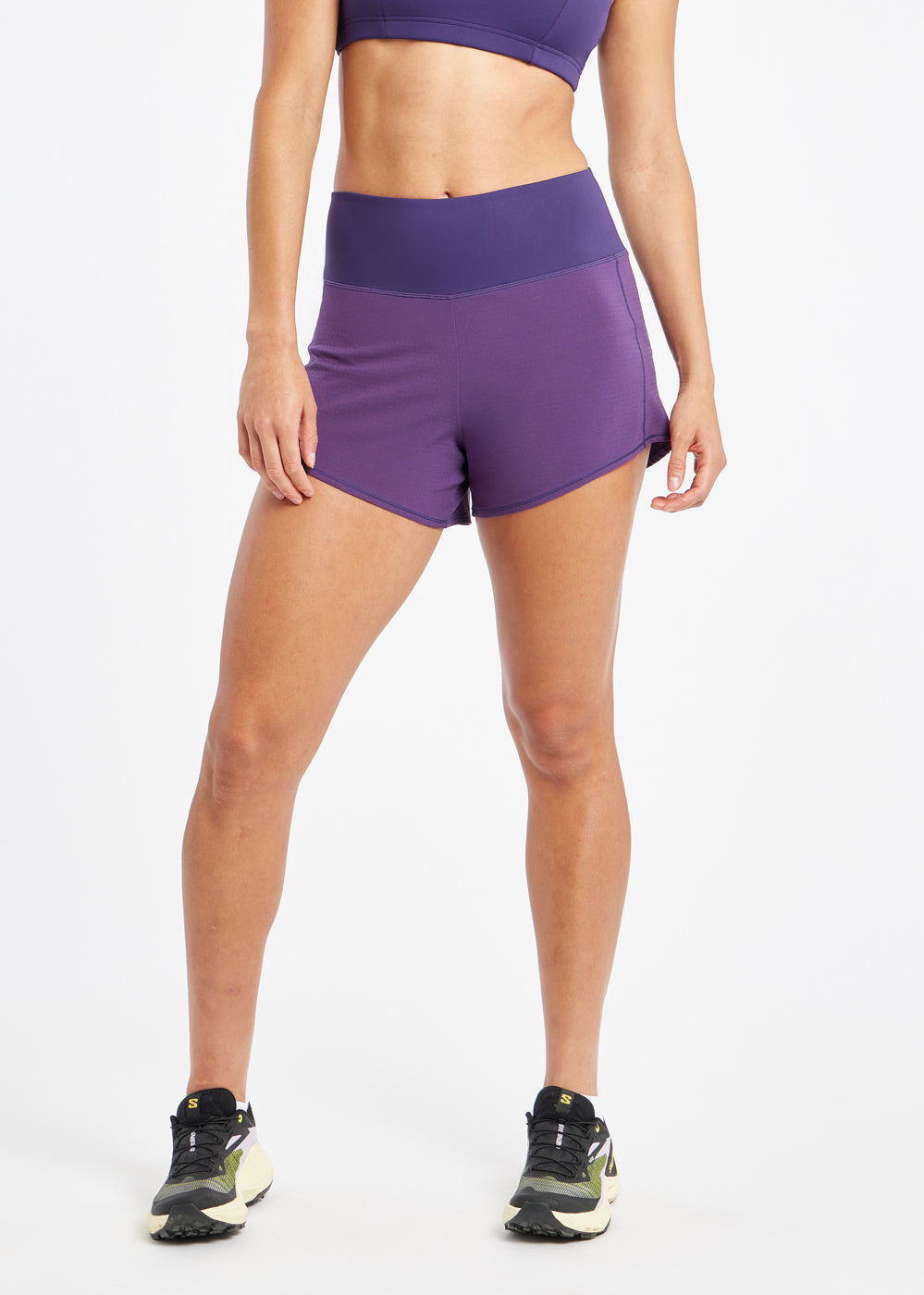 High Rise Roga 4" Running Shorts in purple, front view