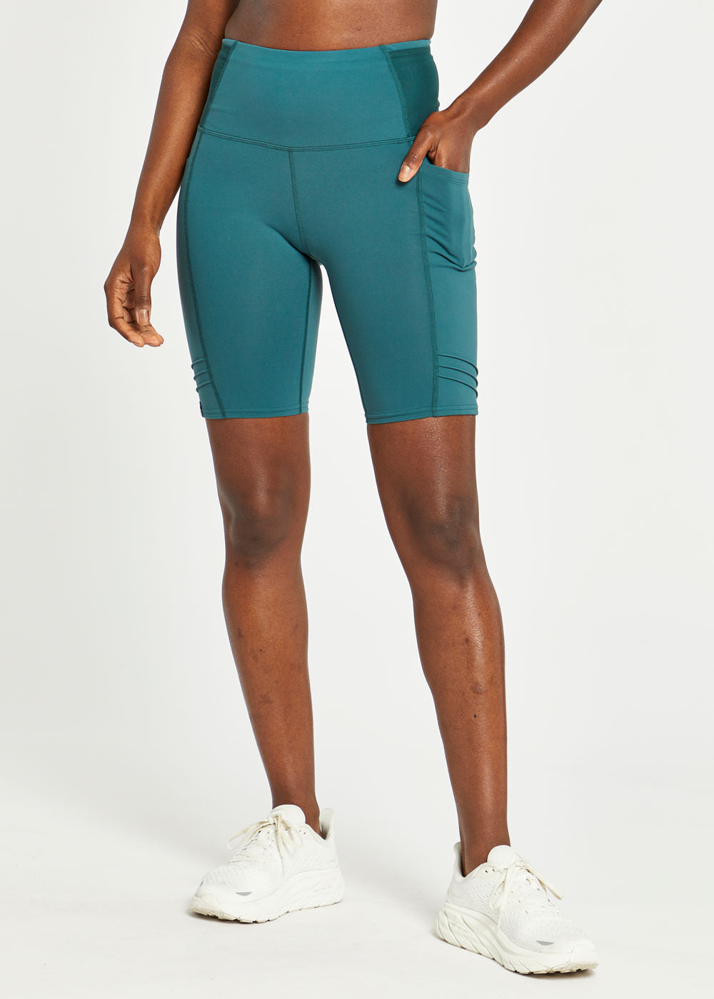 Long Pocket Jogger 8.25-inch shorts in green, front view