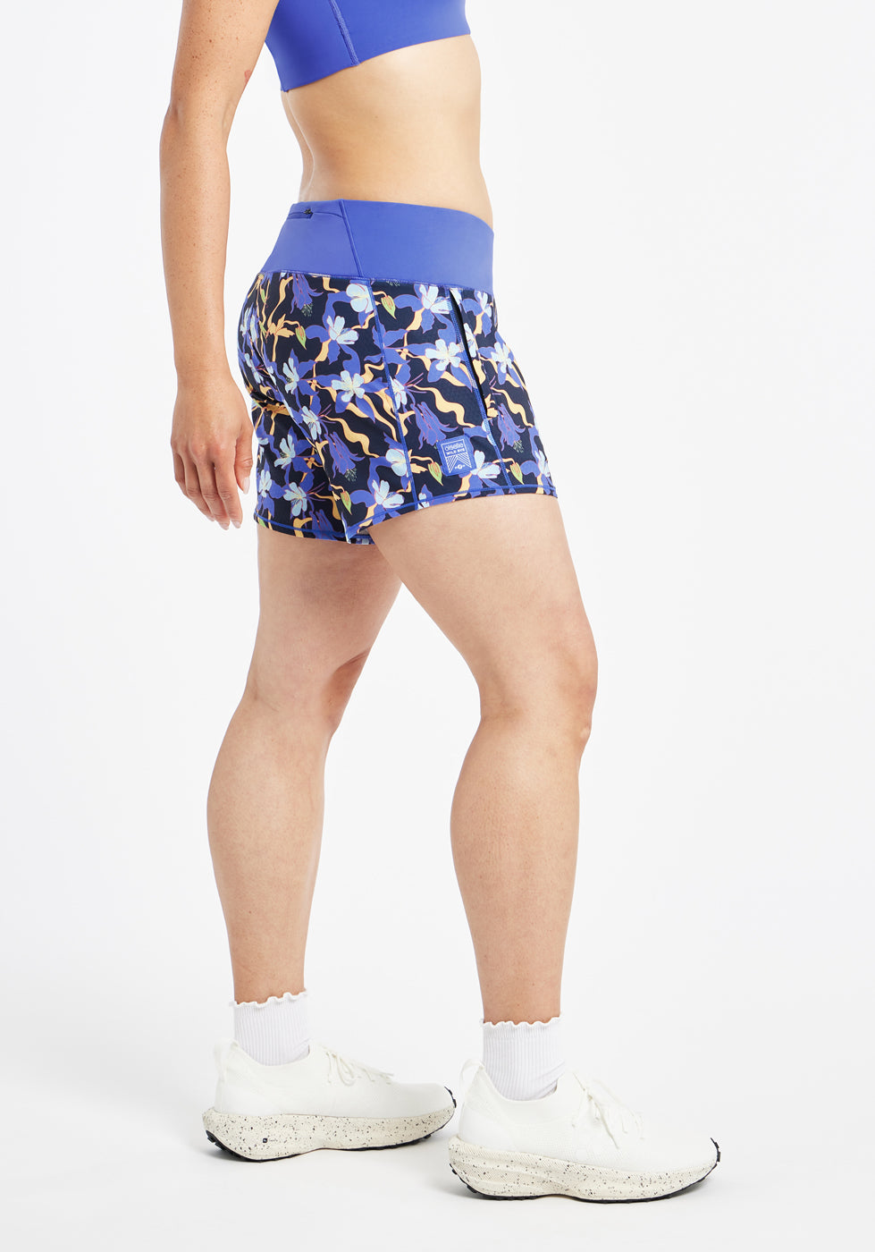 Roga 6" Running Shorts in blue floral print, side view