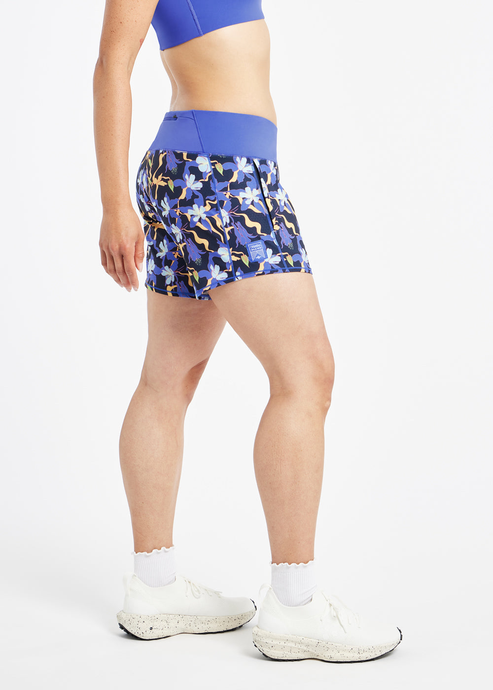 Roga 6" Running Shorts in blue floral print, side view