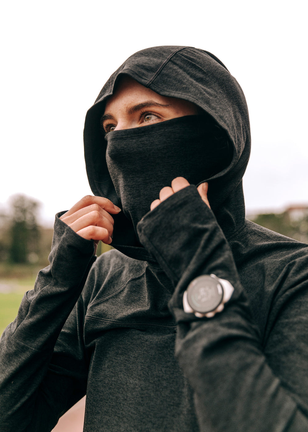 Lux Highline Long Sleeve Running Hoodie in Black, hood and gaiter detail