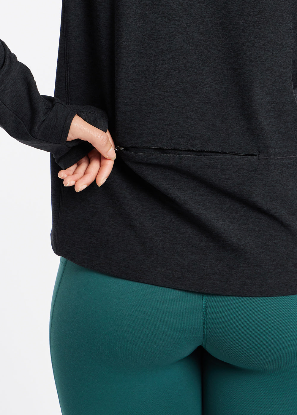 Lux Highline Long Sleeve Running Hoodie in Black, rear pocket detail