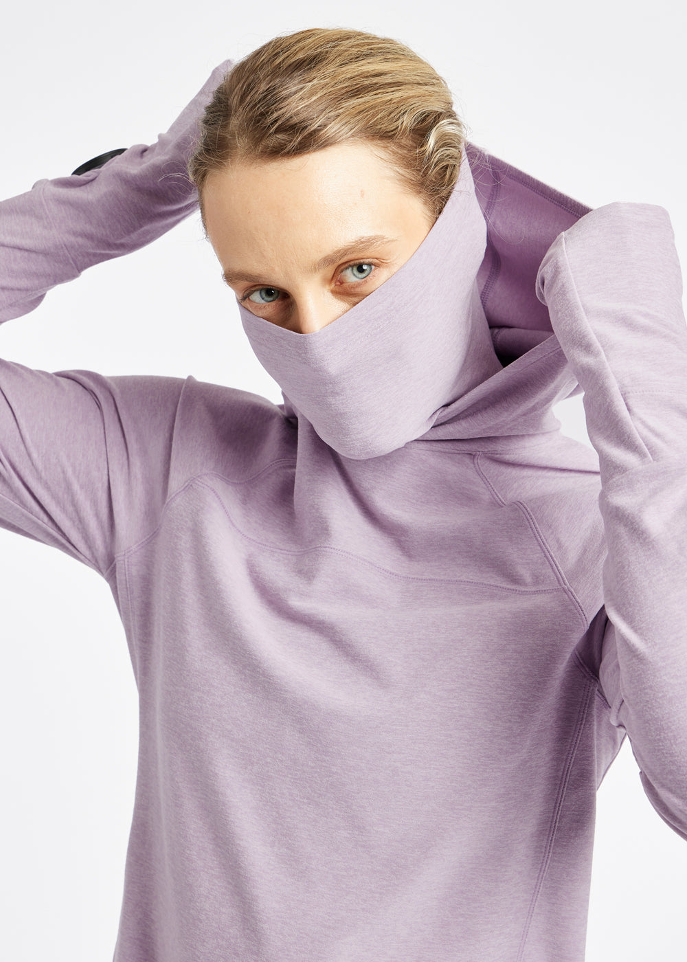 Lux Highline Long Sleeve Running Hoodie in Dusty Lavender Purple, hood and gaiter detail