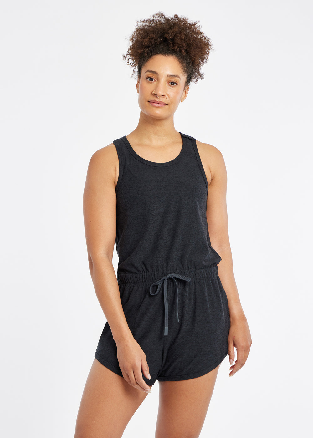 Lux Racerback Romper in Black, front