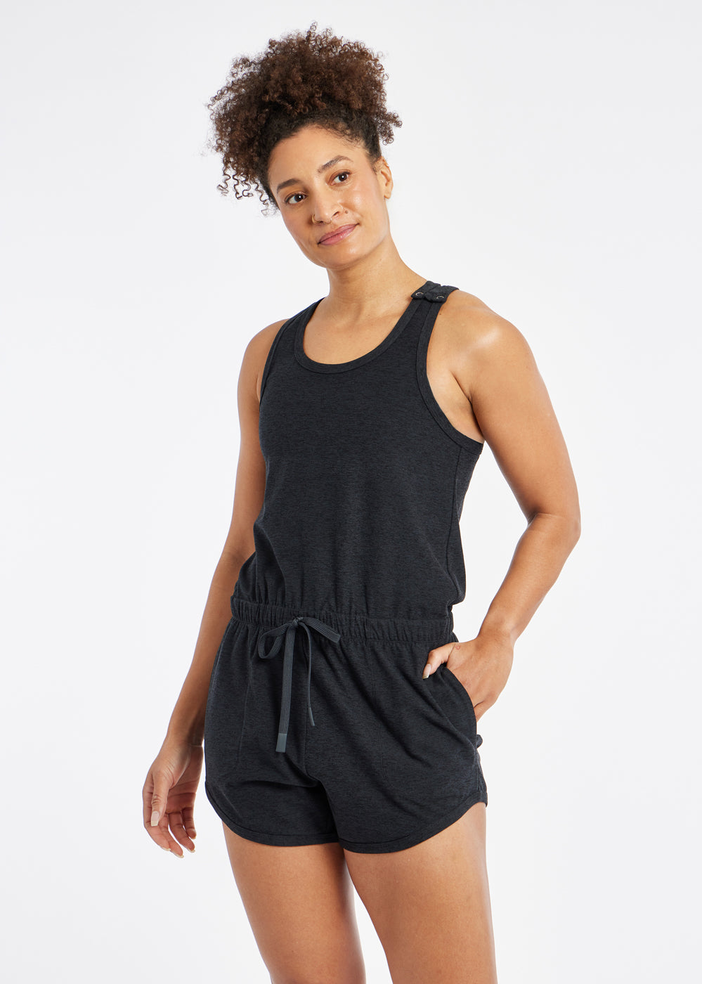 Lux Racerback Romper in Black, front view