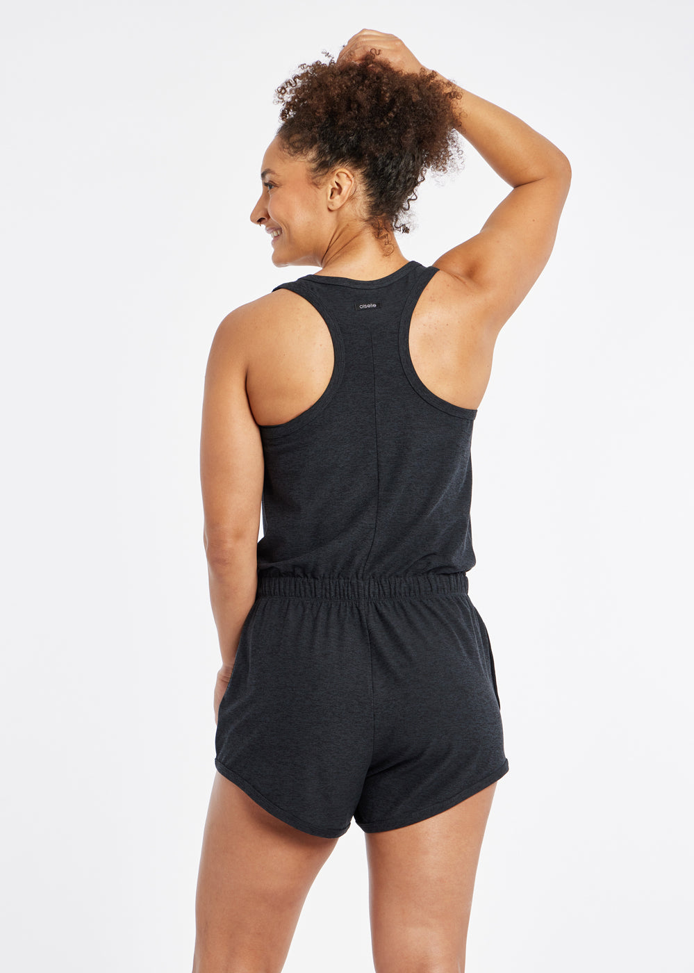 Lux Racerback Romper in Black, back