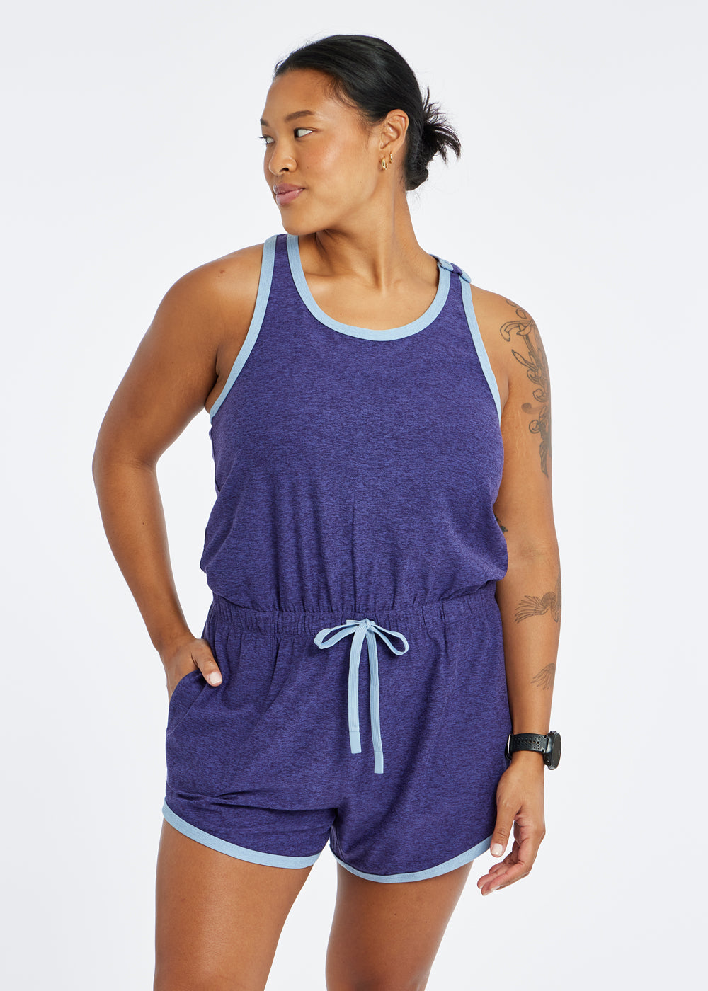 Lux Racerback Romper in Purple Twilight, front view