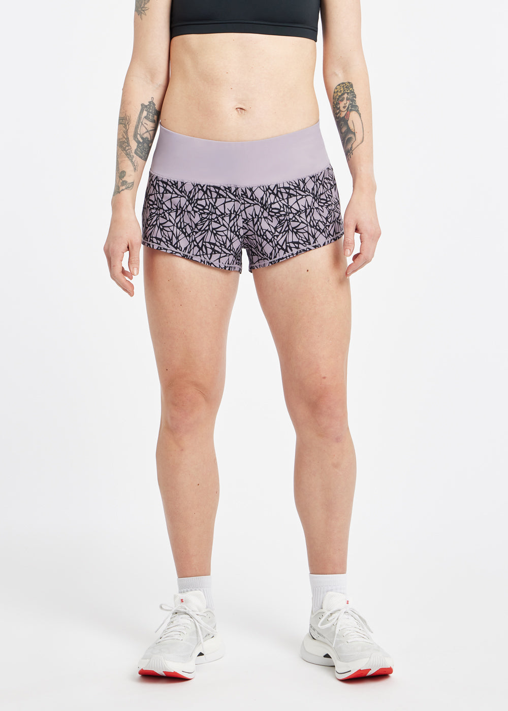 Roga 1.75" Running Shorts in Light Purple Lavender print, front view
